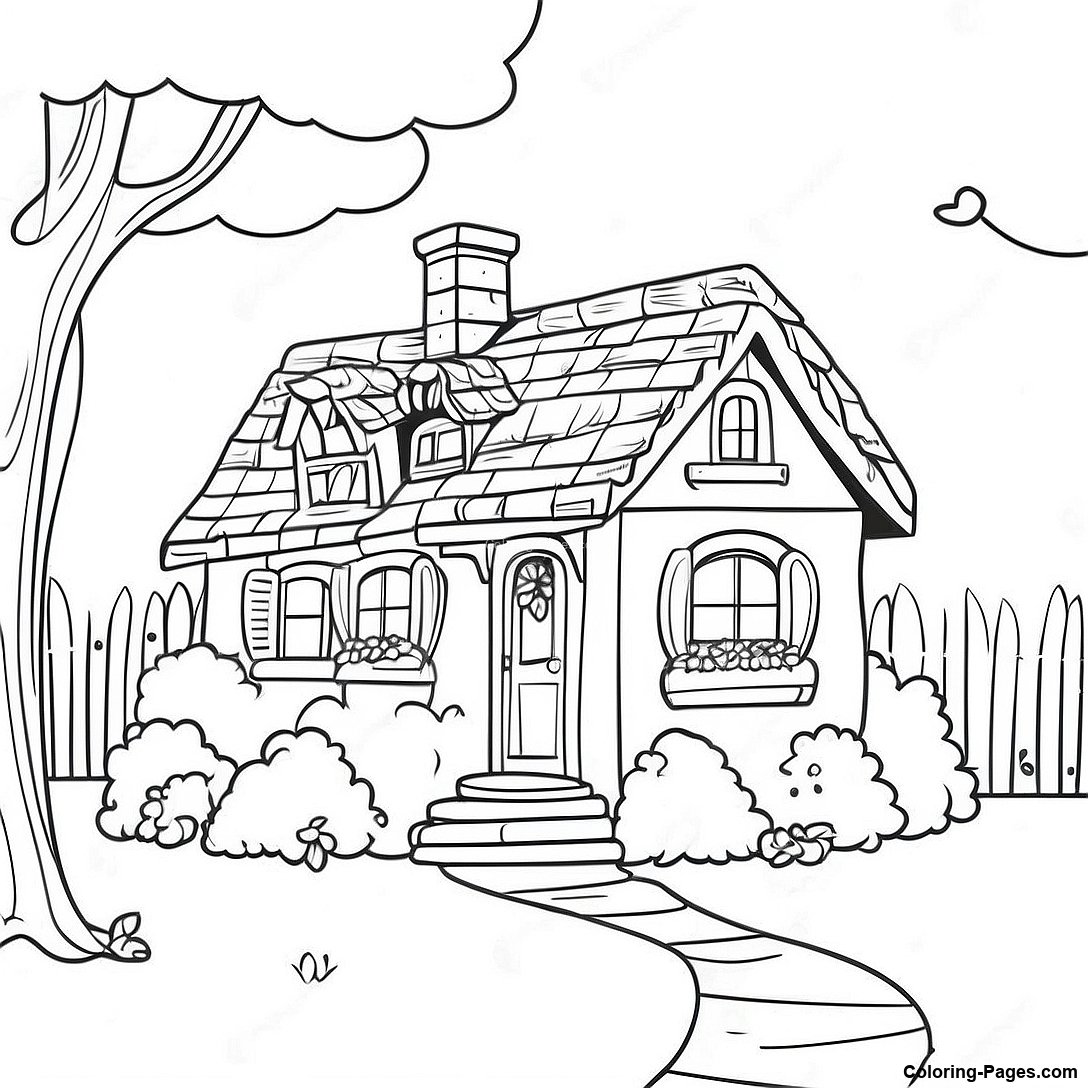 Free printable Charming Vintage Cottage Coloring Page coloring page from the Miscellaneous collection — black-and-white outline drawing for kids and adults.