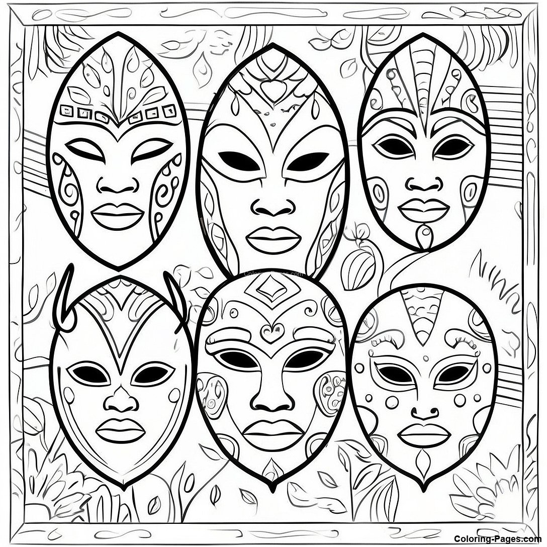 Colorful African Masks Coloring Page | Coloring-Pages.com