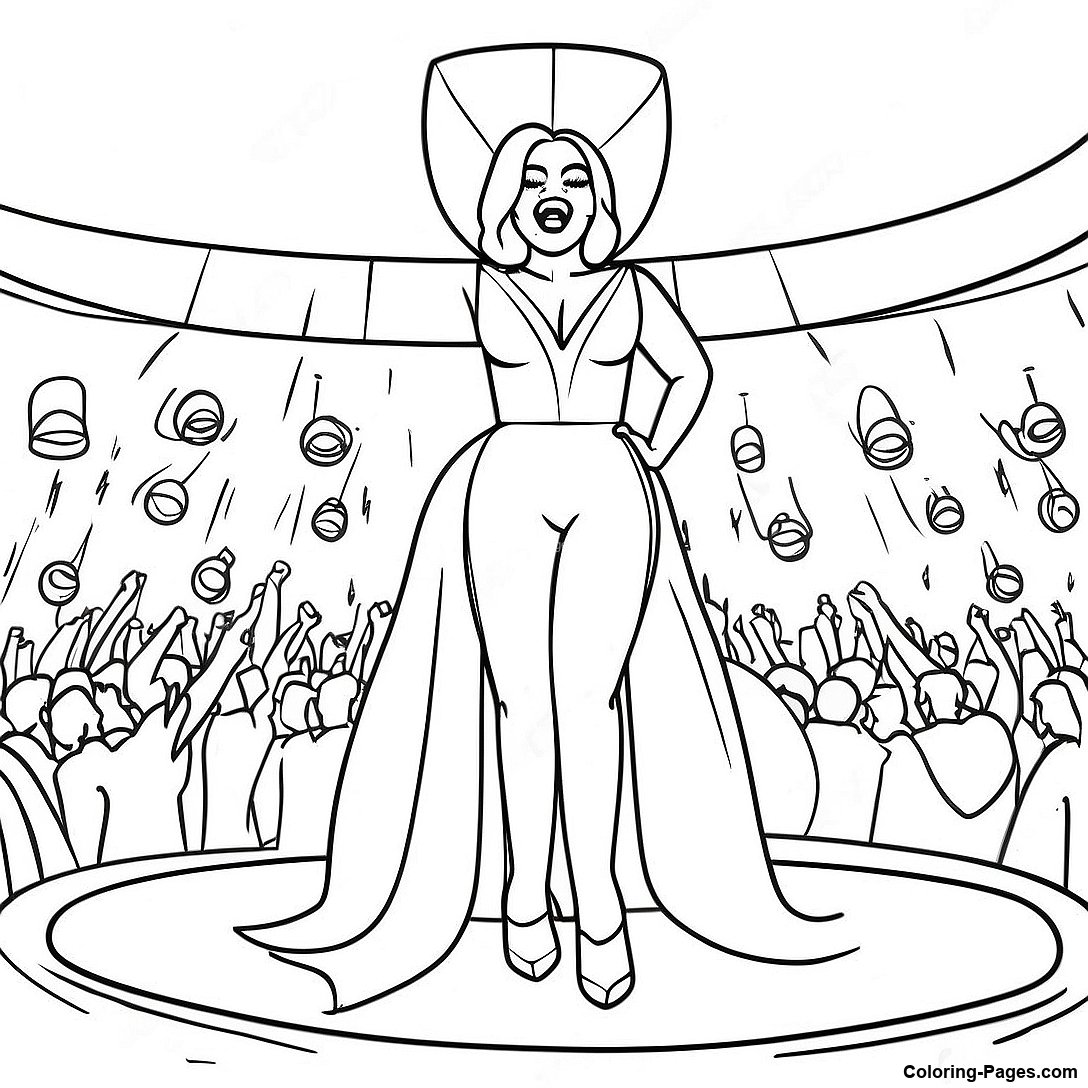 Free printable Lady Gaga Performing On Stage Coloring Page coloring page from the Celebrities collection — black-and-white outline drawing for kids and adults.
