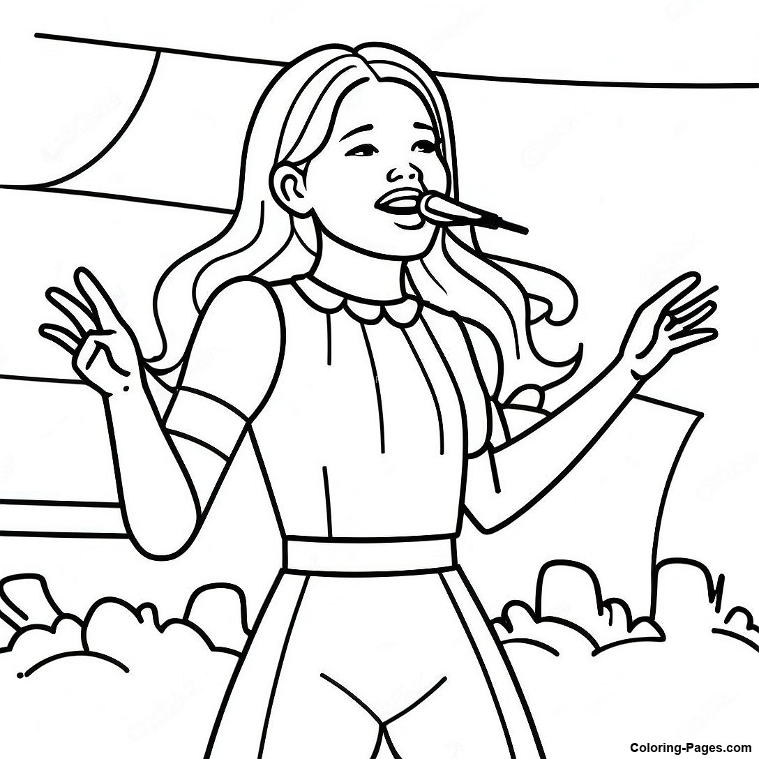 Free printable Olivia Rodrigo Singing On Stage Coloring Page coloring page from the Celebrities collection — black-and-white outline drawing for kids and adults.