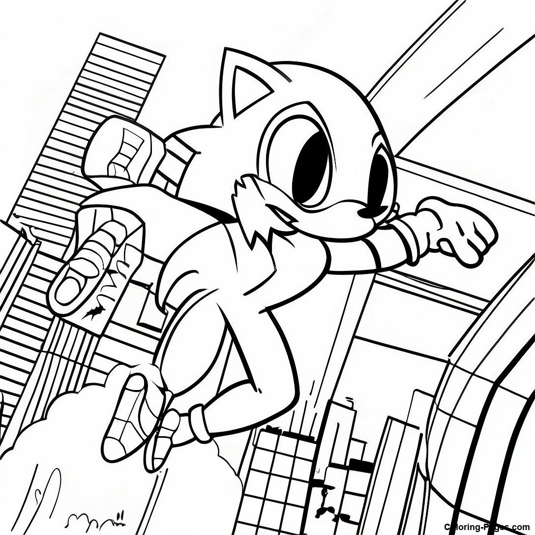 Sonic Spiderman Swinging Through City Coloring Page | Coloring-Pages.com