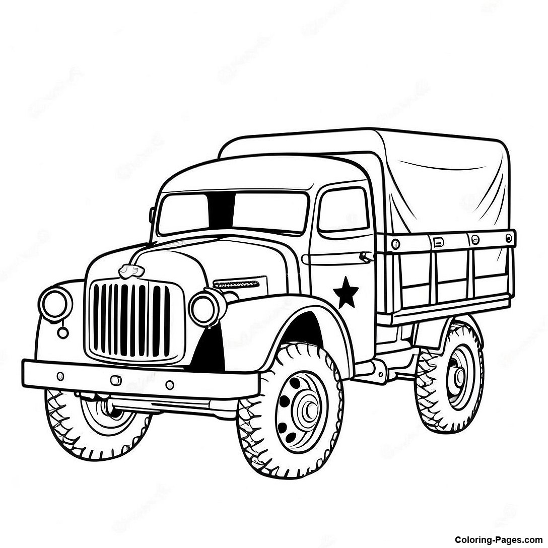 Free printable Vintage Army Truck Coloring Page coloring page from the Machines collection — black-and-white outline drawing for kids and adults.