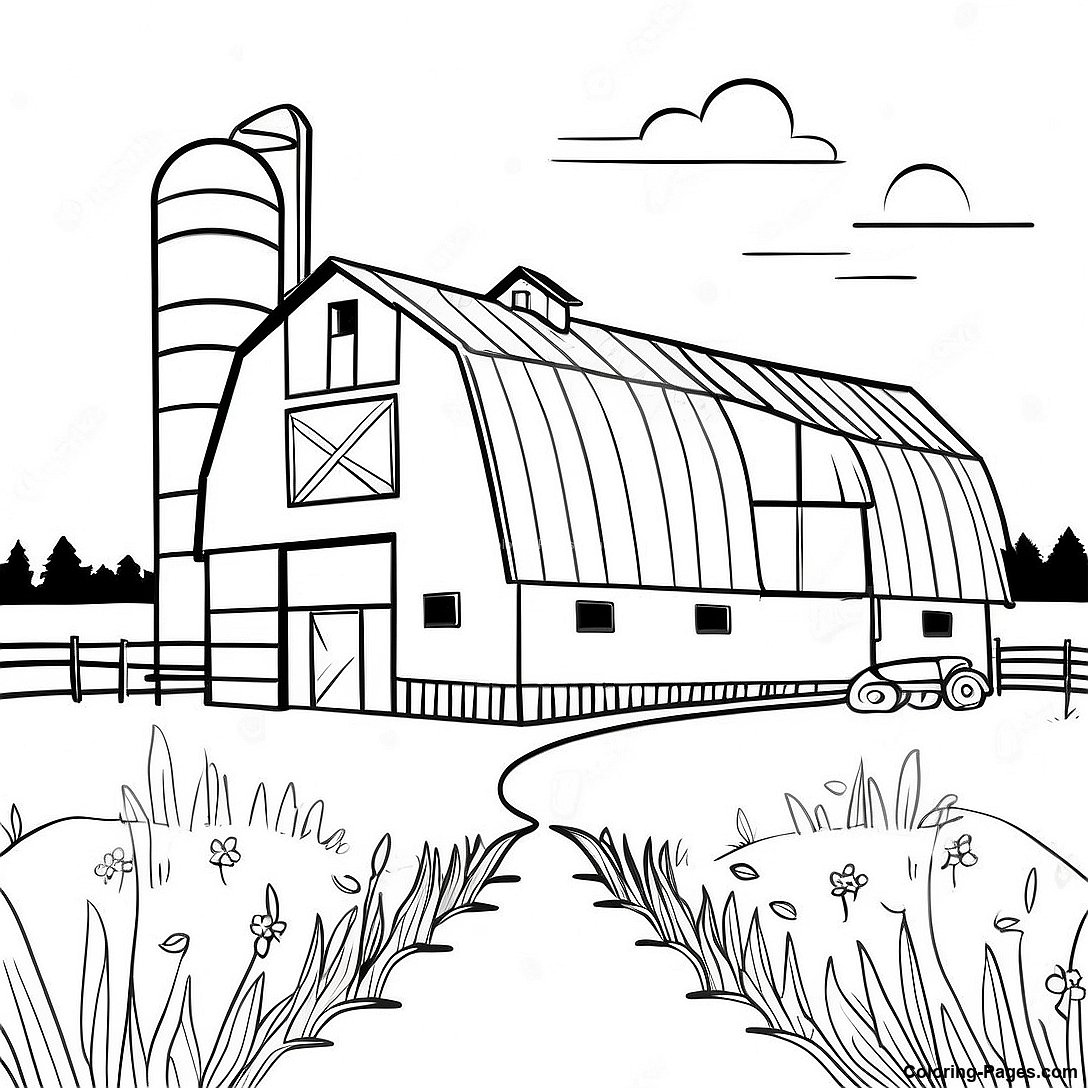 Free printable Vintage Barn With Silos Coloring Page coloring page from the Nature collection — black-and-white outline drawing for kids and adults.