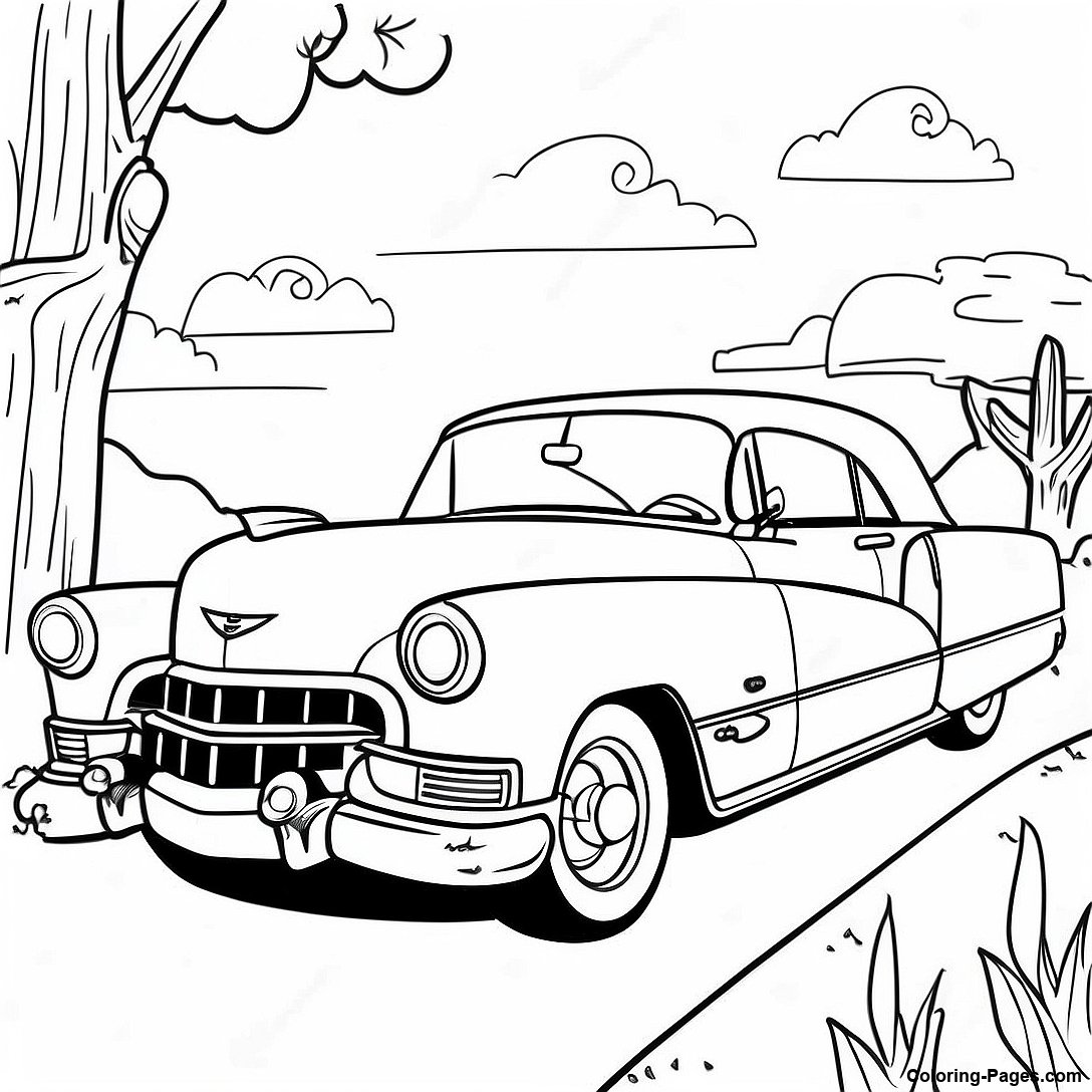 Free printable Vintage Cadillac In A Scenic Landscape Coloring Page coloring page from the Cars collection — black-and-white outline drawing for kids and adults.