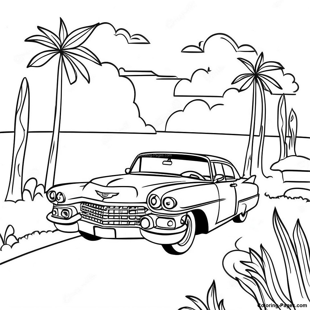 Free printable Vintage Cadillac In A Scenic Landscape Coloring Page coloring page from the Cars collection — black-and-white outline drawing for kids and adults.