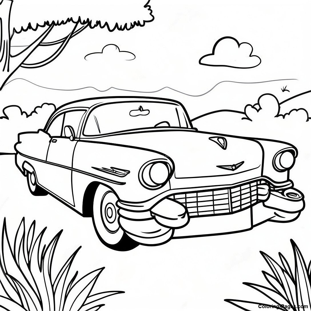 Free printable Vintage Cadillac In A Scenic Landscape Coloring Page coloring page from the Cars collection — black-and-white outline drawing for kids and adults.