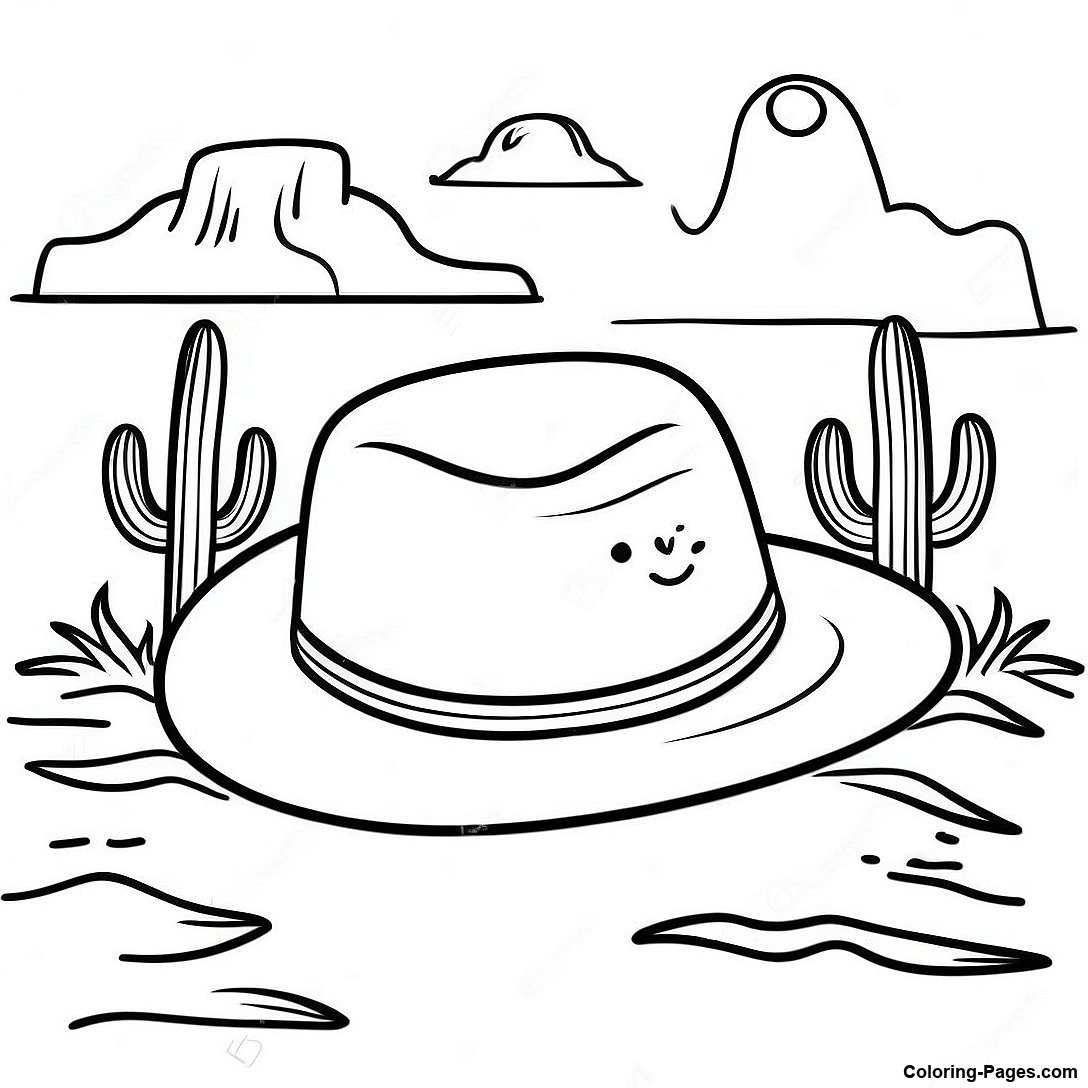 Free printable Vintage Cowboy Hat In Desert Scene Coloring Page coloring page from the Miscellaneous collection — black-and-white outline drawing for kids and adults.