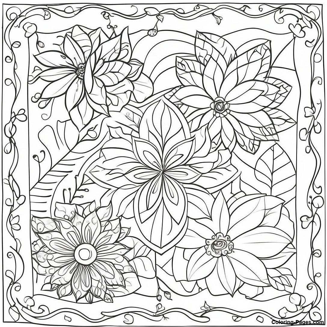 Free printable Vintage Floral Quilt Coloring Page coloring page from the Miscellaneous collection — black-and-white outline drawing for kids and adults.