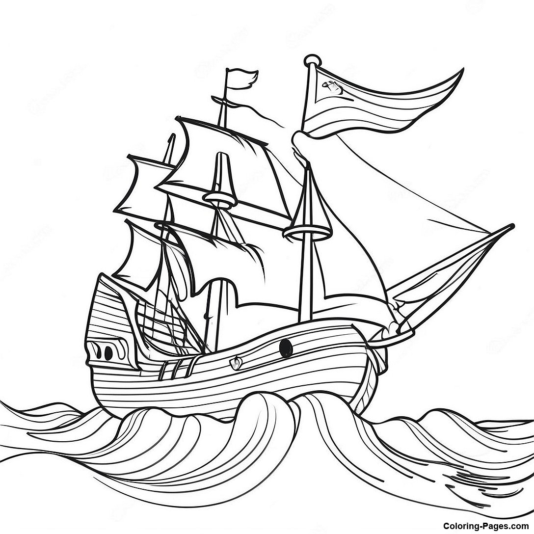 Free printable Vintage Pirate Ship In Stormy Seas Coloring Page coloring page from the Machines collection — black-and-white outline drawing for kids and adults.