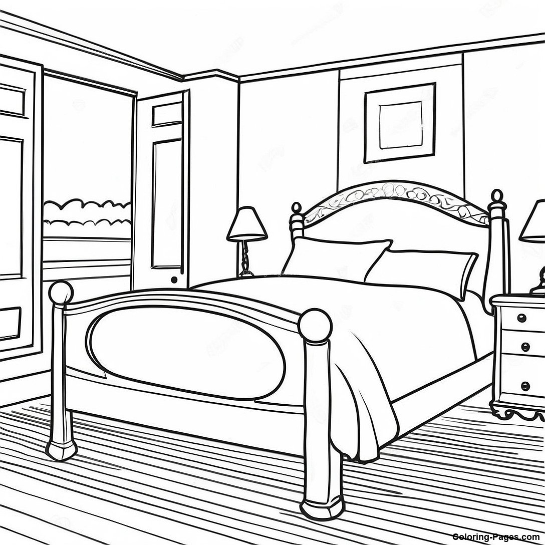 Free printable Vintage Realistic Bedroom Coloring Page coloring page from the Miscellaneous collection — black-and-white outline drawing for kids and adults.