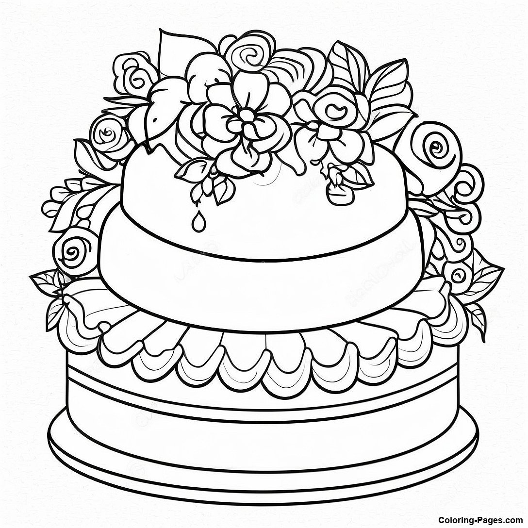 Free printable Vintage Wedding Cake Coloring Page coloring page from the Food collection — black-and-white outline drawing for kids and adults.