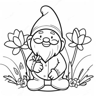 Happy Garden Gnome With Flowers Coloring Page 106182-43613