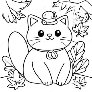 Adorable Thanksgiving Cat With Autumn Leaves Coloring Page 136775-68337