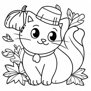 Adorable Thanksgiving Cat With Autumn Leaves Coloring Page 136775-68339